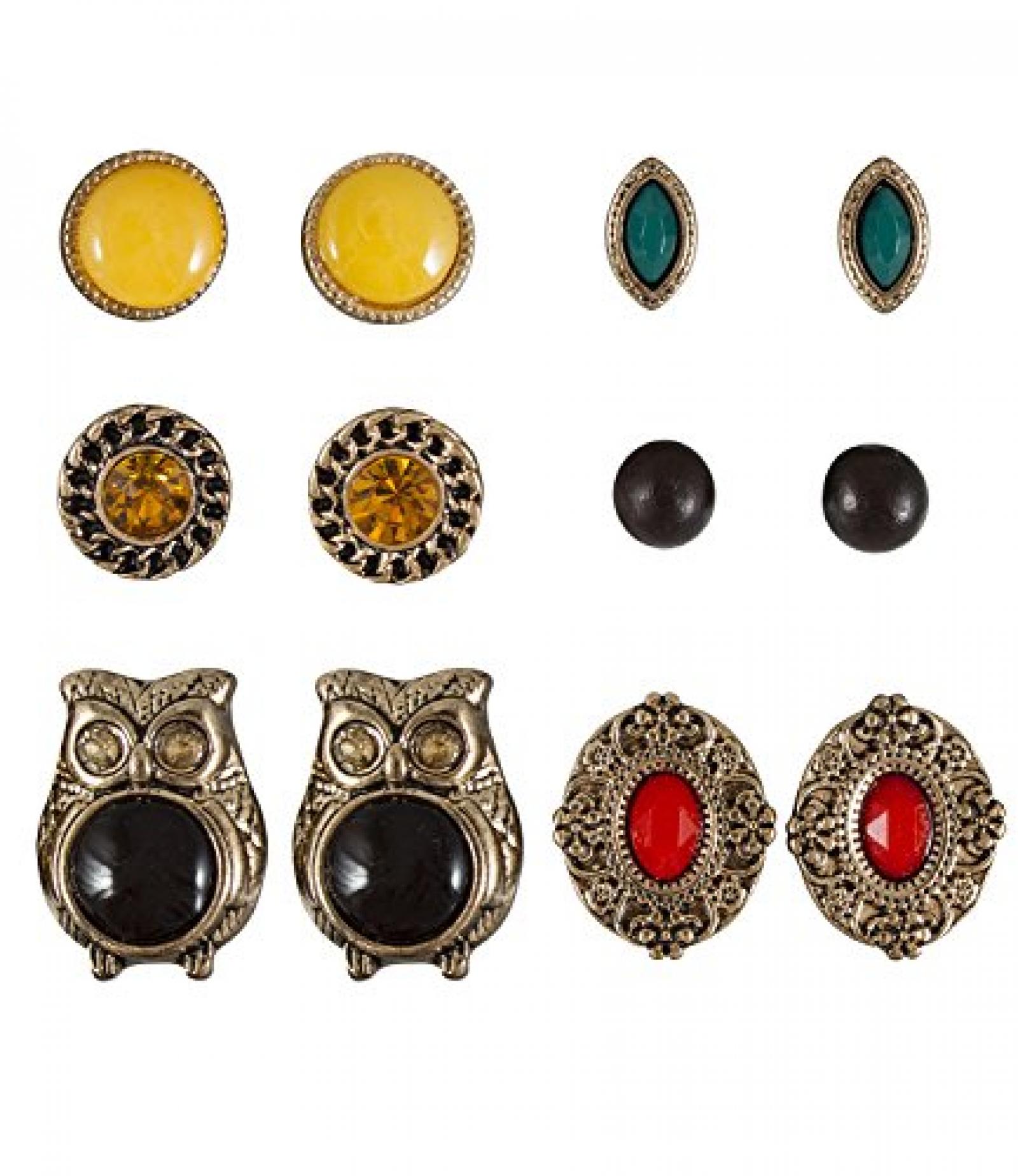 SIX "Sweet Autumn" 6er Set Ohrstecker, Eulen, Braun, Gelb, Rot, T&uuml;rkis (393-021) 